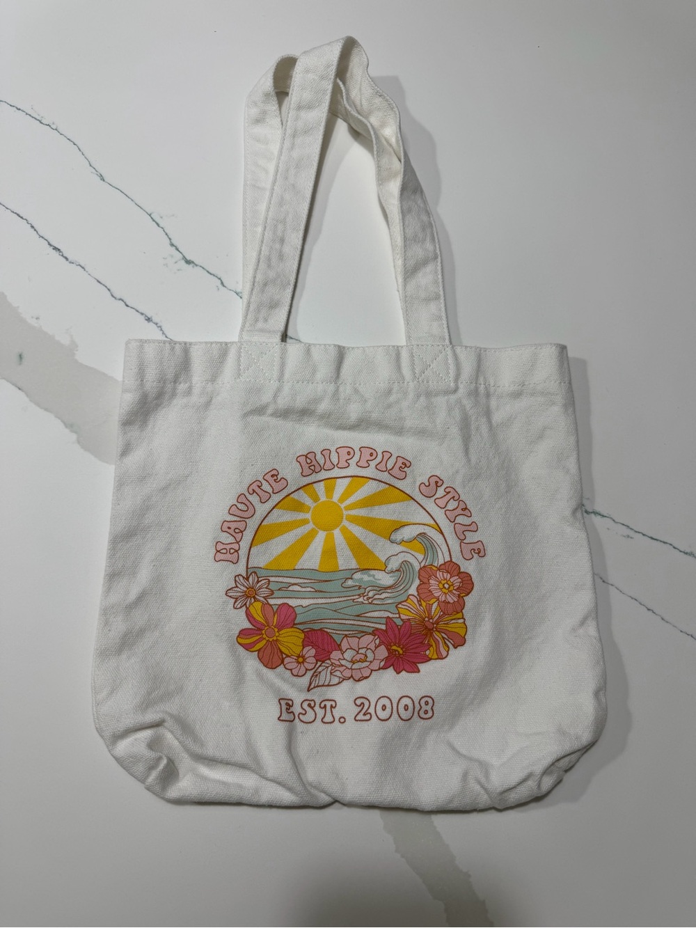 Girls Haute Hippie Style White Canvas Tote Bag with Retro Sunflower Print